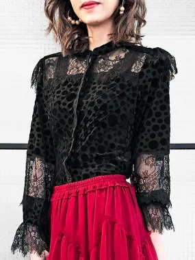 Further Sale! Velvet Dotty Black Eyelash Lace Trim Long Sleeve Blouse