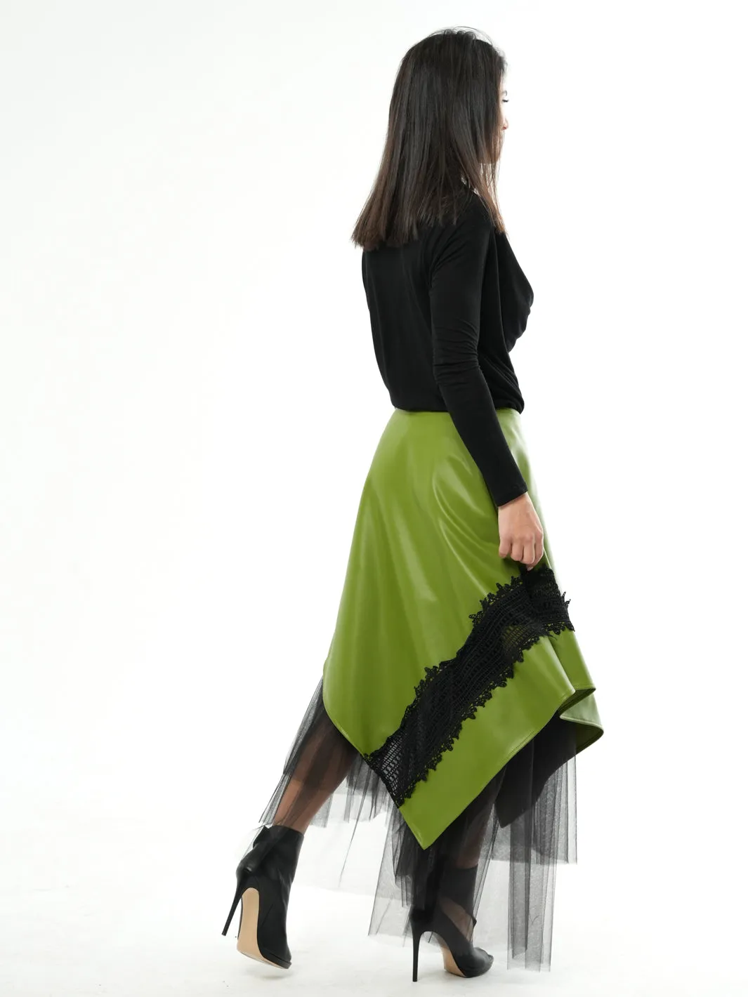 Green Vegan Leather Skirt with Black Tulle