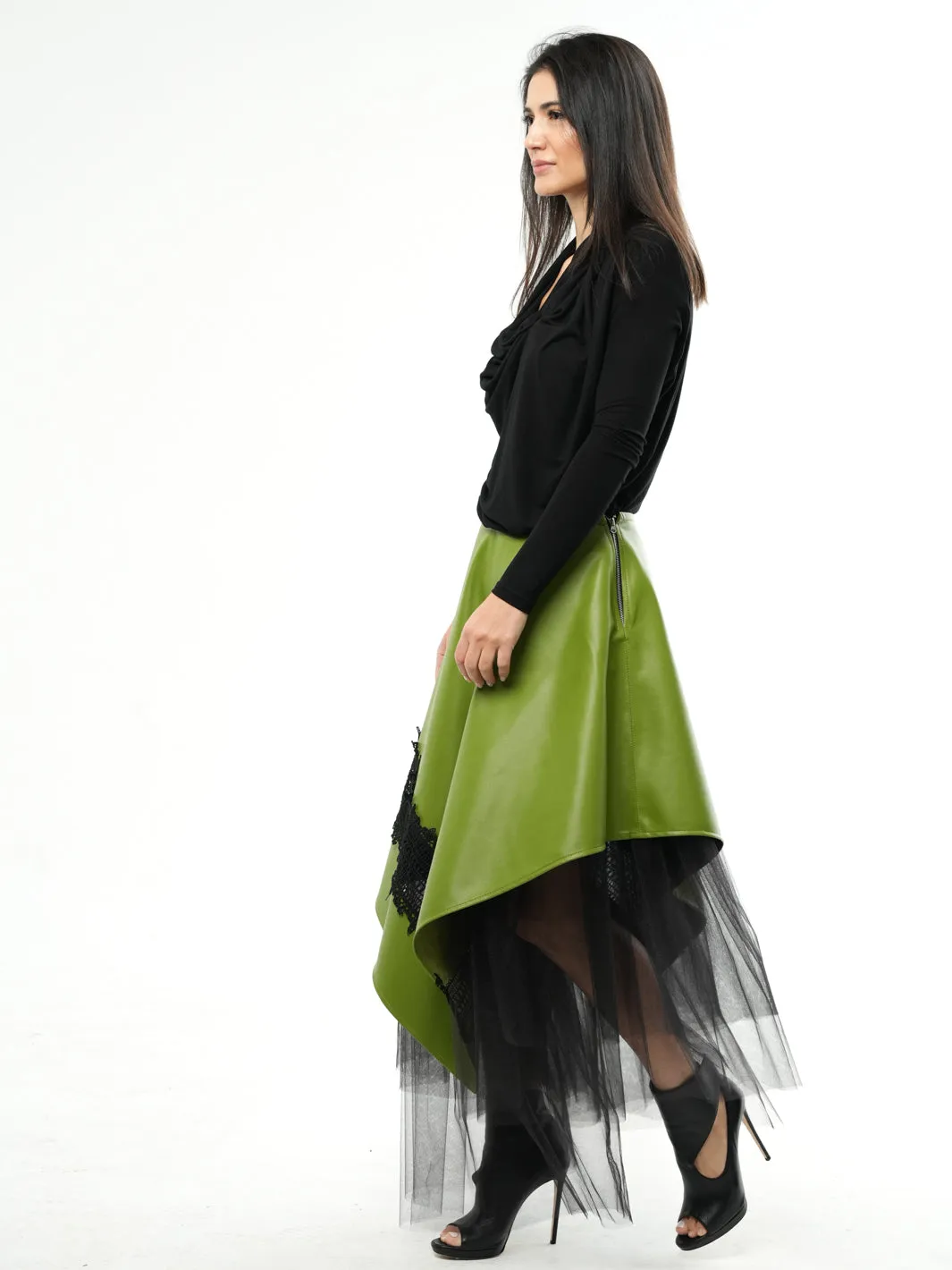 Green Vegan Leather Skirt with Black Tulle