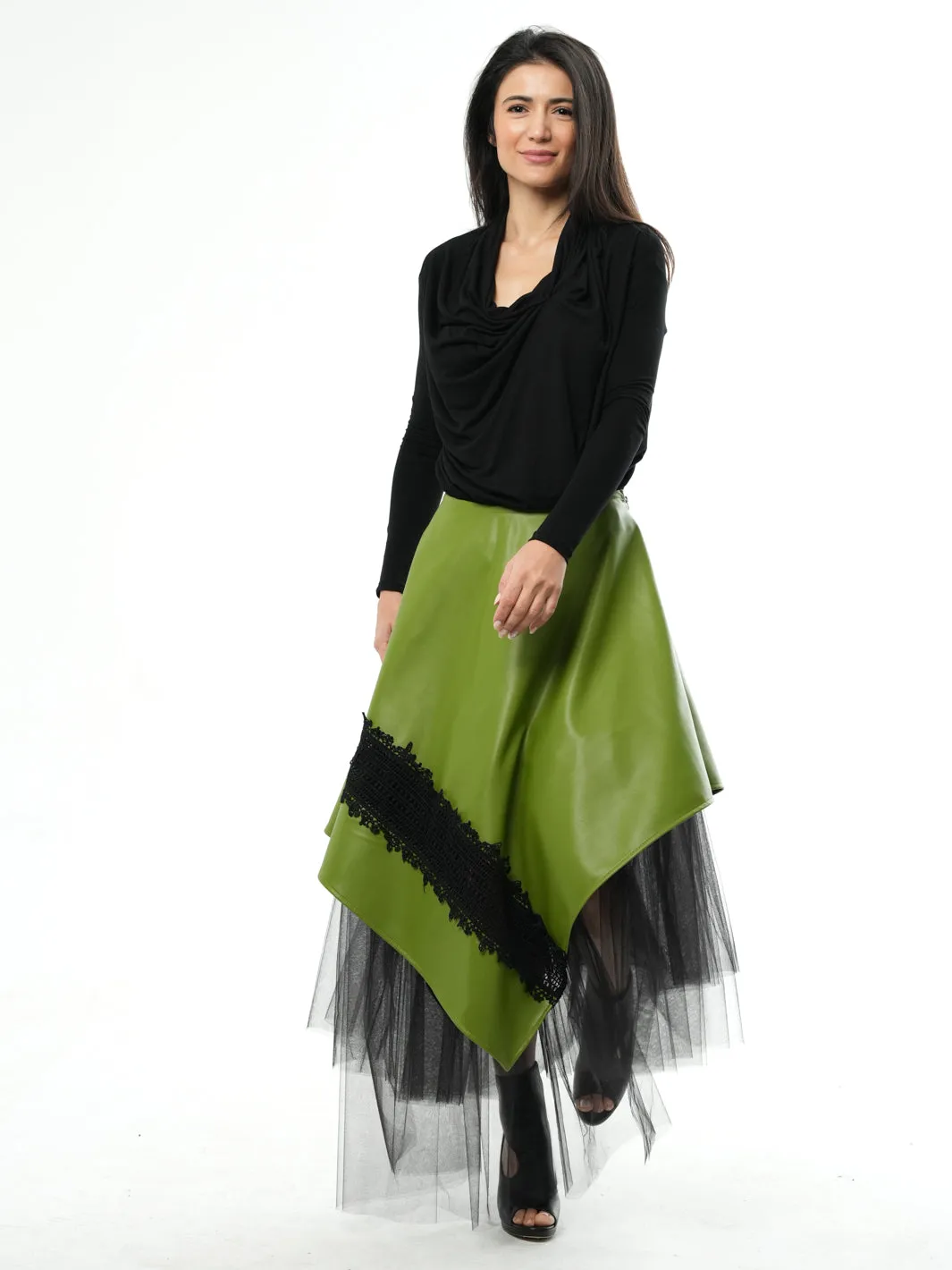 Green Vegan Leather Skirt with Black Tulle