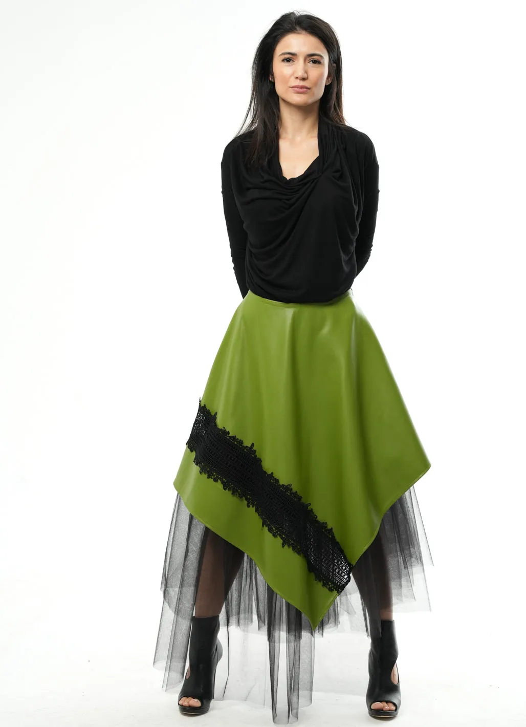 Green Vegan Leather Skirt with Black Tulle