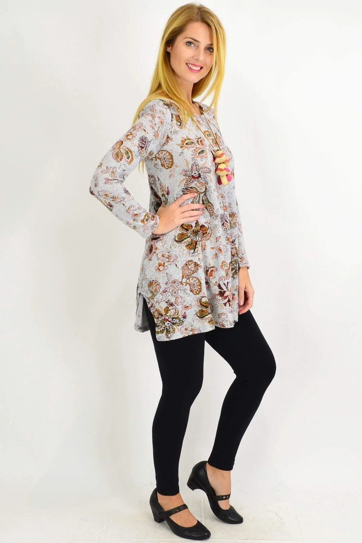 Grey Paisley Floral Fleece Tunic Top