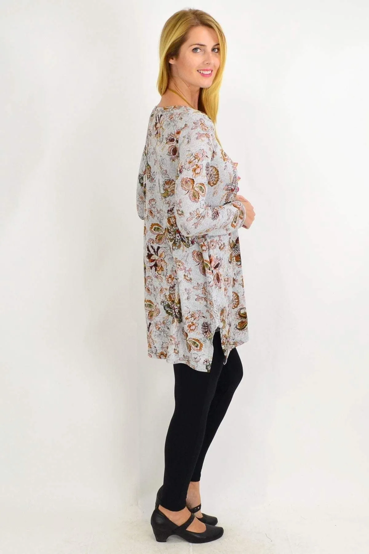 Grey Paisley Floral Fleece Tunic Top