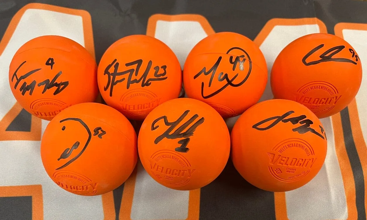 Josh Byrne, Dhane Smith, Tehoka Nanticoke, Chase Frazer, Matt Vinc, Steve Priolo, & Ian MacKay Autographed Orange Lacrosse Ball Combo