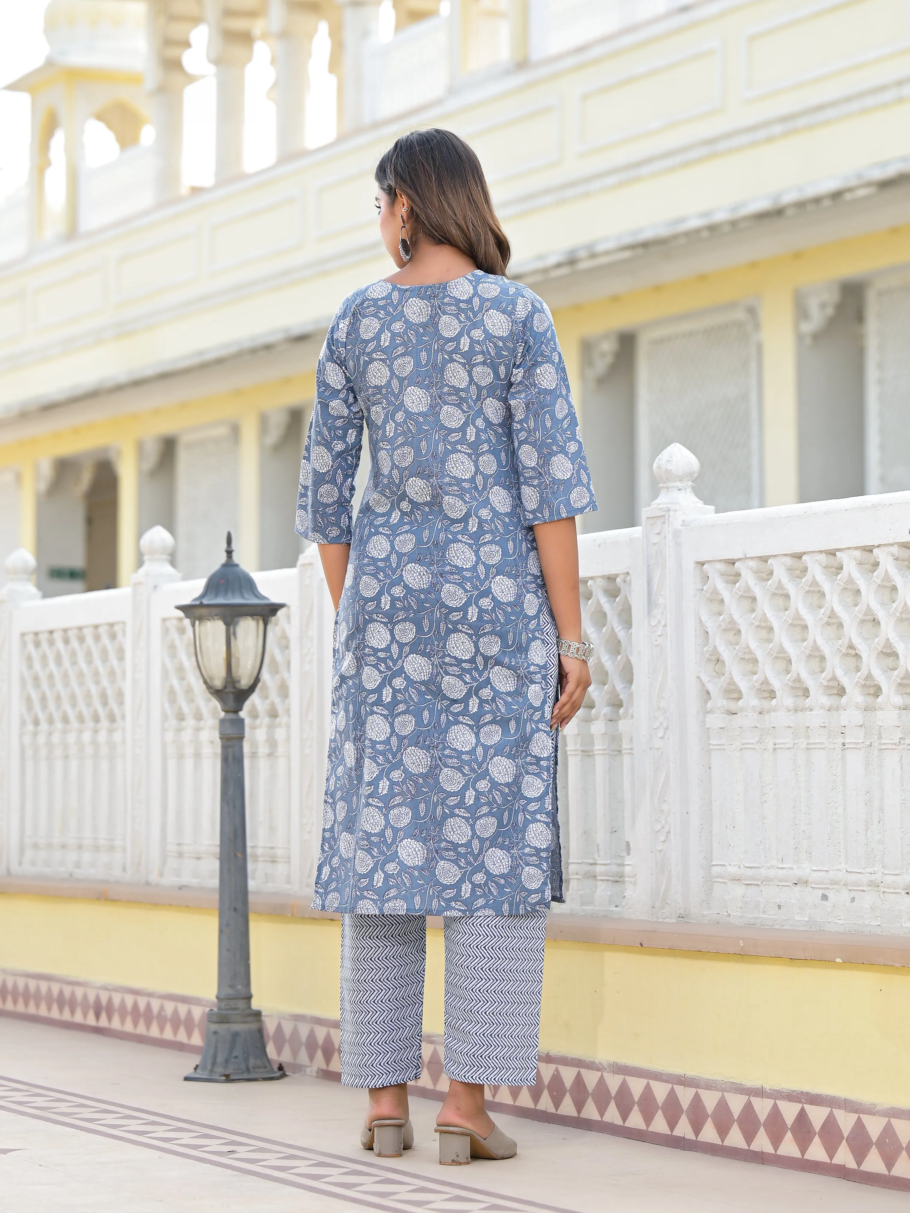 Juniper Grey Ethnic Motif Printed Cotton Kurta, Pant And Dupatta Set With Thread & Zari Work