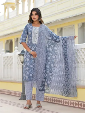 Juniper Grey Ethnic Motif Printed Cotton Kurta, Pant And Dupatta Set With Thread & Zari Work