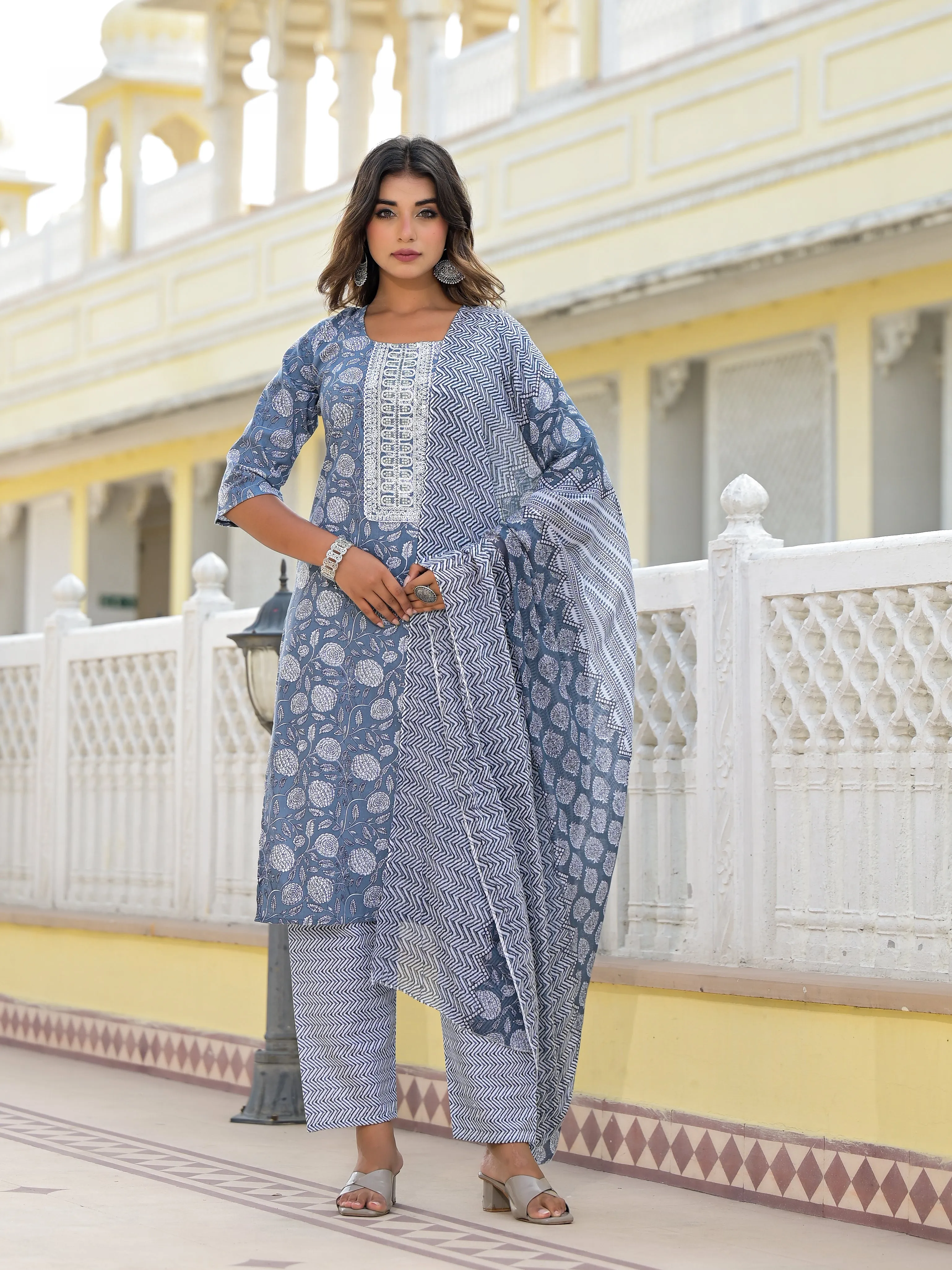 Juniper Grey Ethnic Motif Printed Cotton Kurta, Pant And Dupatta Set With Thread & Zari Work