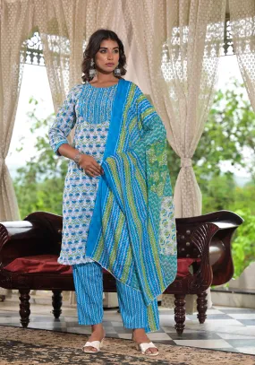 Juniper Sky Blue Ethnic Motif Printed Cotton Kurta, Pant And Dupatta Set With Zari & Mirror Work