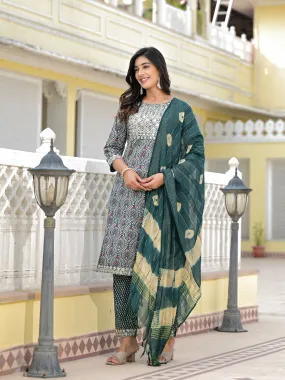 Juniper Teal Ethnic Motif Printed Cotton Kurta, Pant And Dupatta Set With Zari Work & Sequins