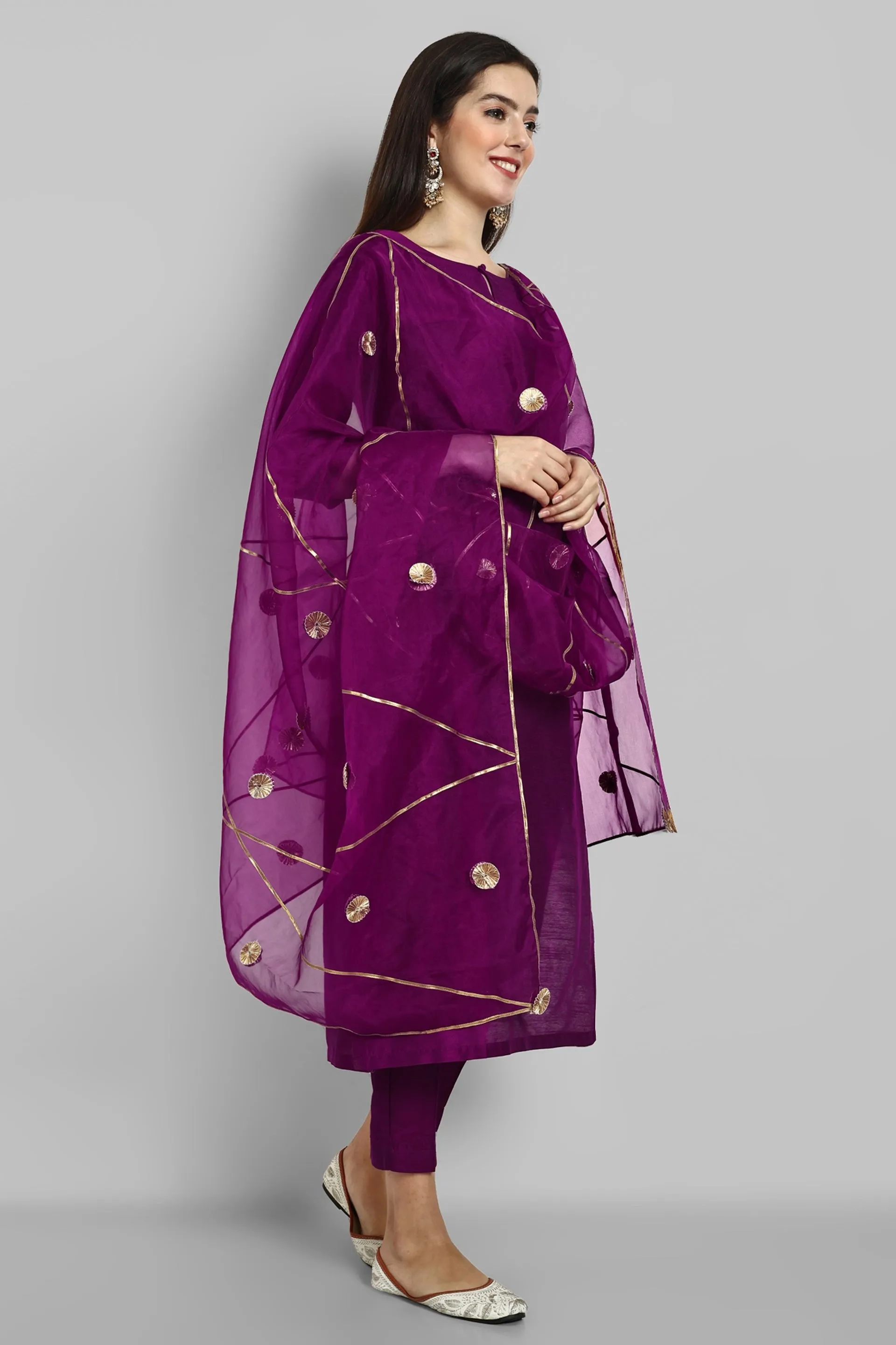 Key Hole Wine Purple Boat Neck Style with elasticated pant and Organza Dupatta - Set of 3