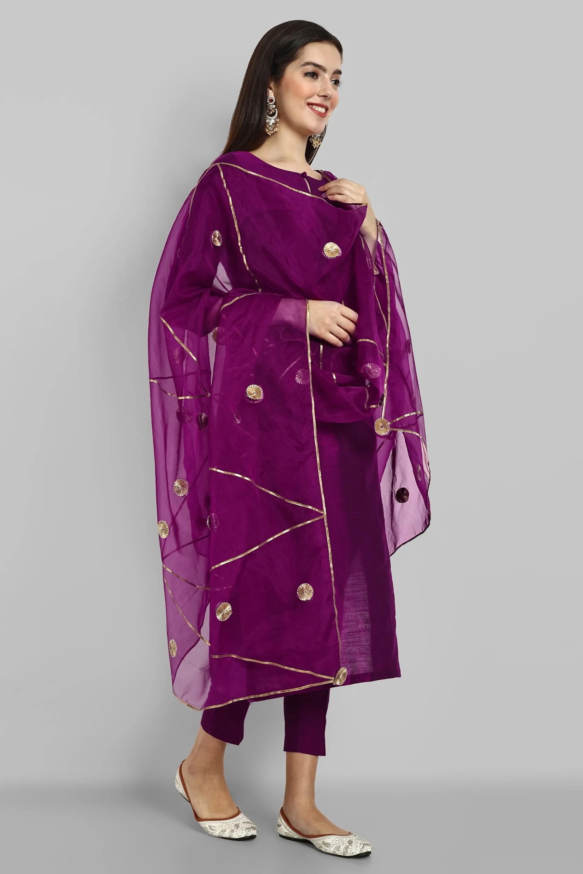 Key Hole Wine Purple Boat Neck Style with elasticated pant and Organza Dupatta - Set of 3