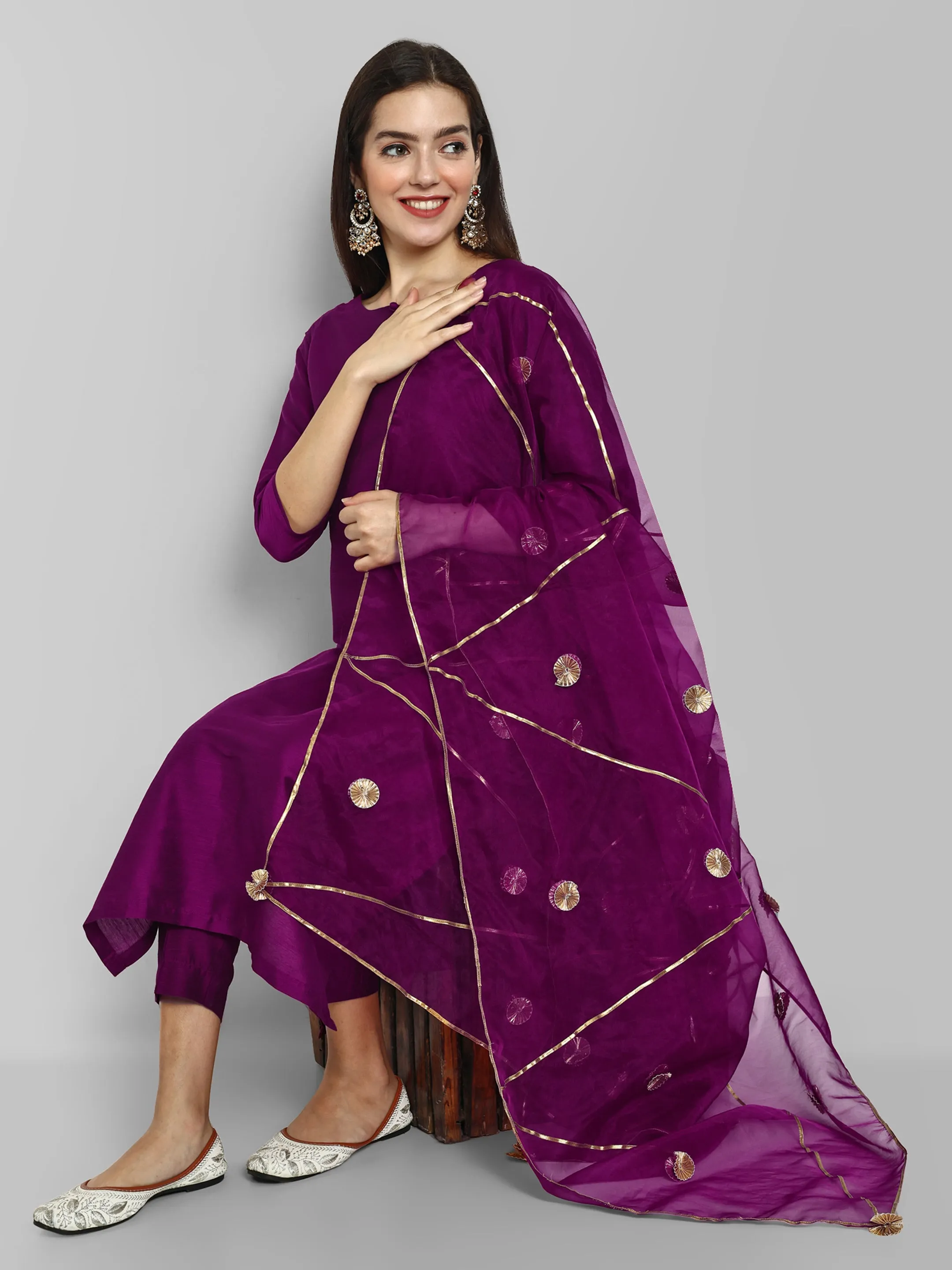 Key Hole Wine Purple Boat Neck Style with elasticated pant and Organza Dupatta - Set of 3