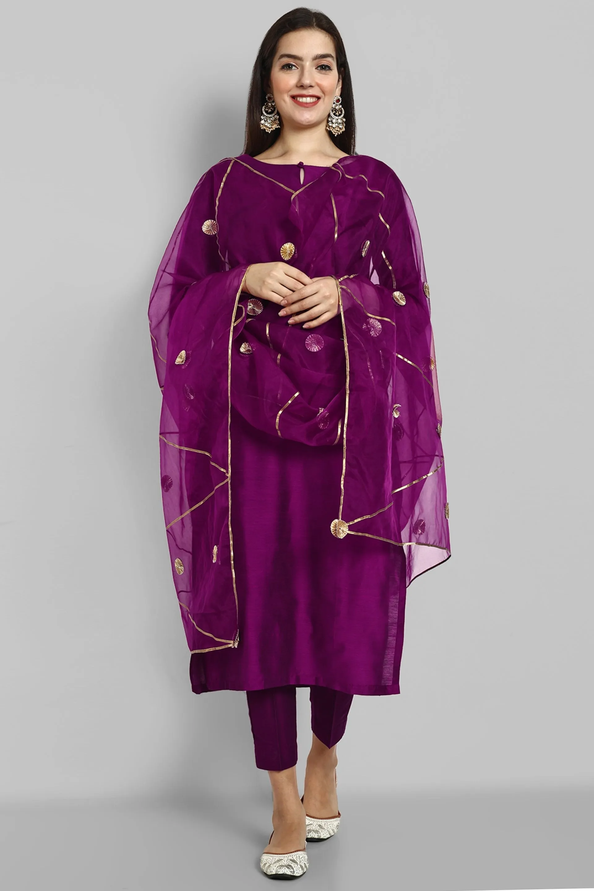 Key Hole Wine Purple Boat Neck Style with elasticated pant and Organza Dupatta - Set of 3