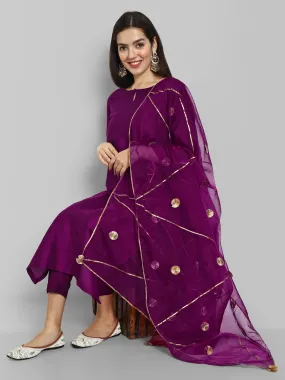 Key Hole Wine Purple Boat Neck Style with elasticated pant and Organza Dupatta - Set of 3