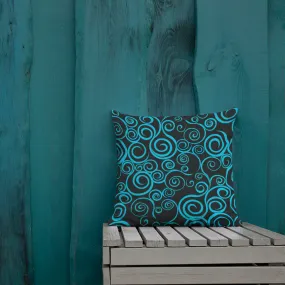 Large Blue Spiral on Black Premium Pillow 3 sizes available