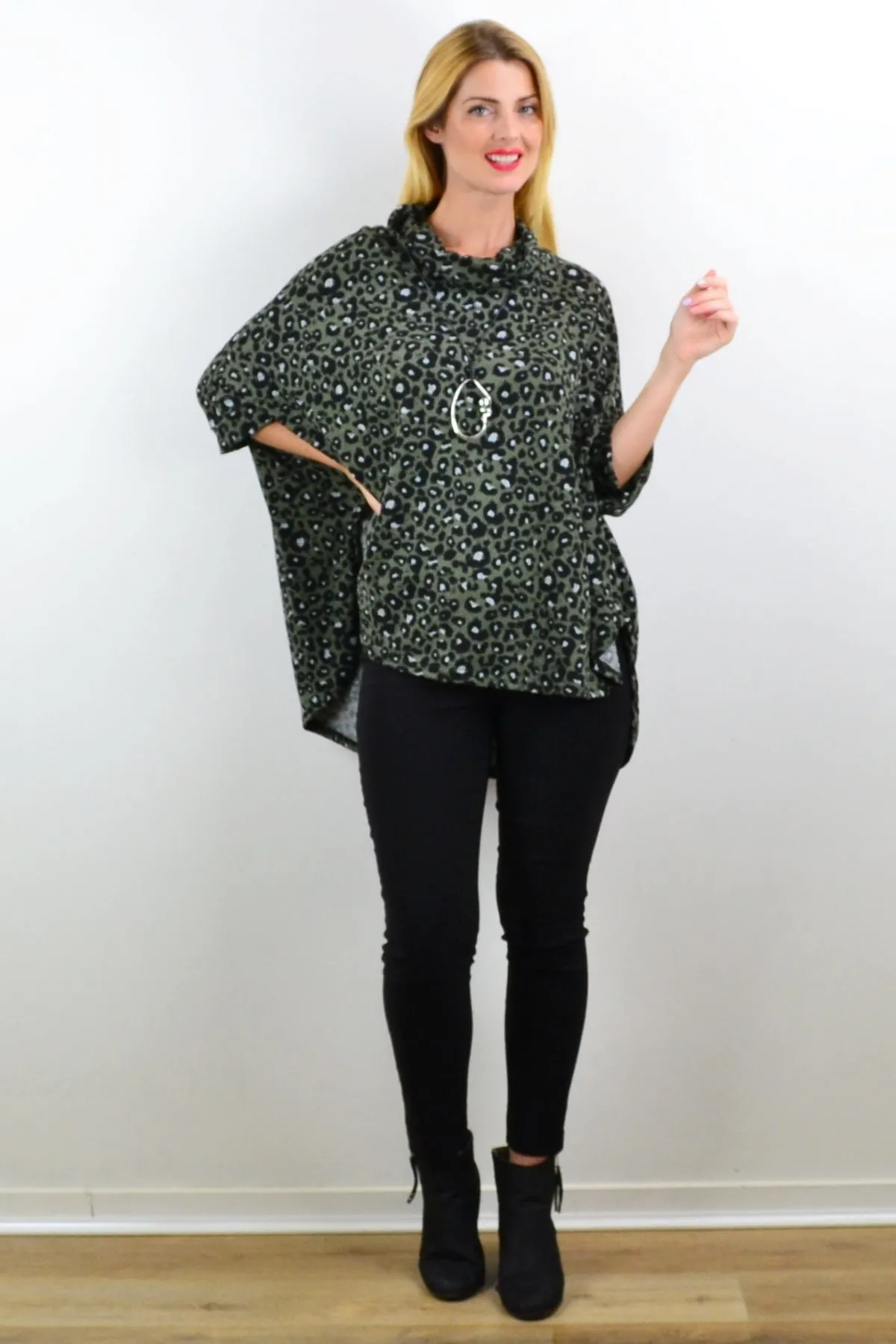 Olive Panther Poncho Tunic Top