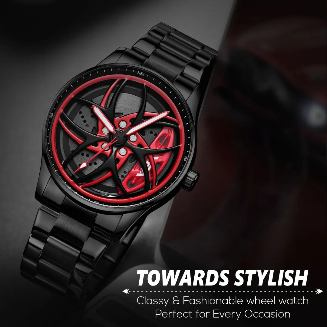 V2A Vortex-3 Series Rolling Wheel Men’s Analog Watch Open Dial Stainless Steel Watch – Car Wheel-Inspired Design, Hollow Out Elegance Casual Watch for Men | Gift for Men (Black-Red)