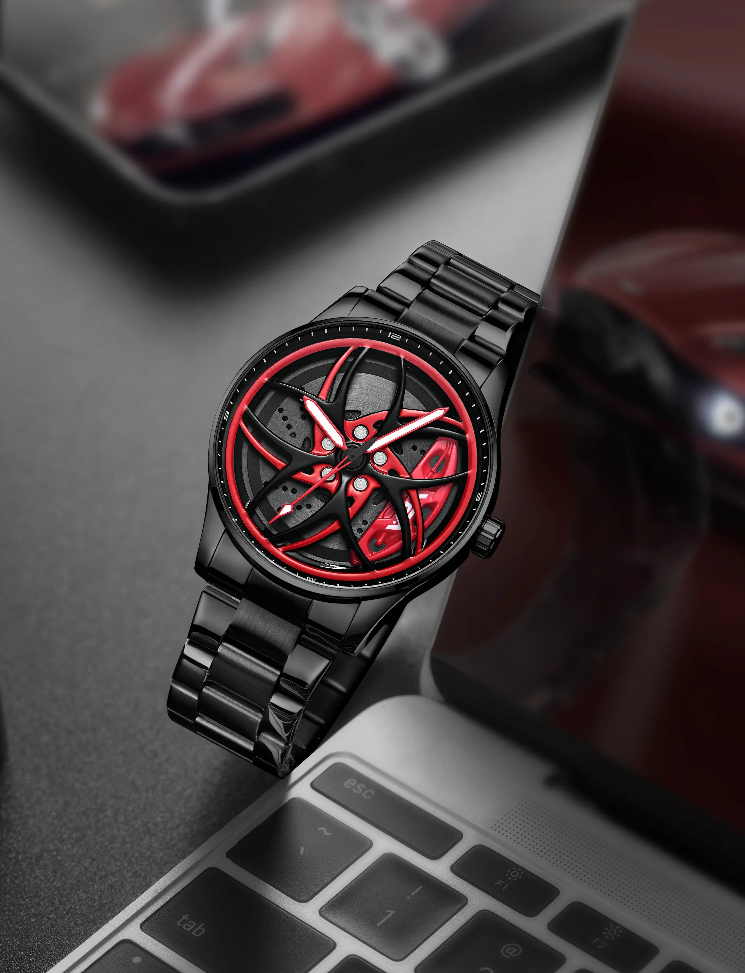 V2A Vortex-3 Series Rolling Wheel Men’s Analog Watch Open Dial Stainless Steel Watch – Car Wheel-Inspired Design, Hollow Out Elegance Casual Watch for Men | Gift for Men (Black-Red)