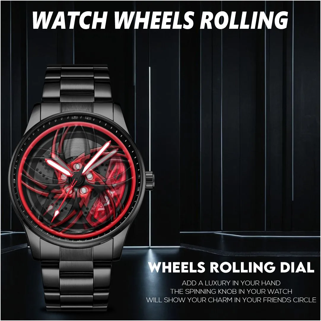 V2A Vortex-3 Series Rolling Wheel Men’s Analog Watch Open Dial Stainless Steel Watch – Car Wheel-Inspired Design, Hollow Out Elegance Casual Watch for Men | Gift for Men (Black-Red)