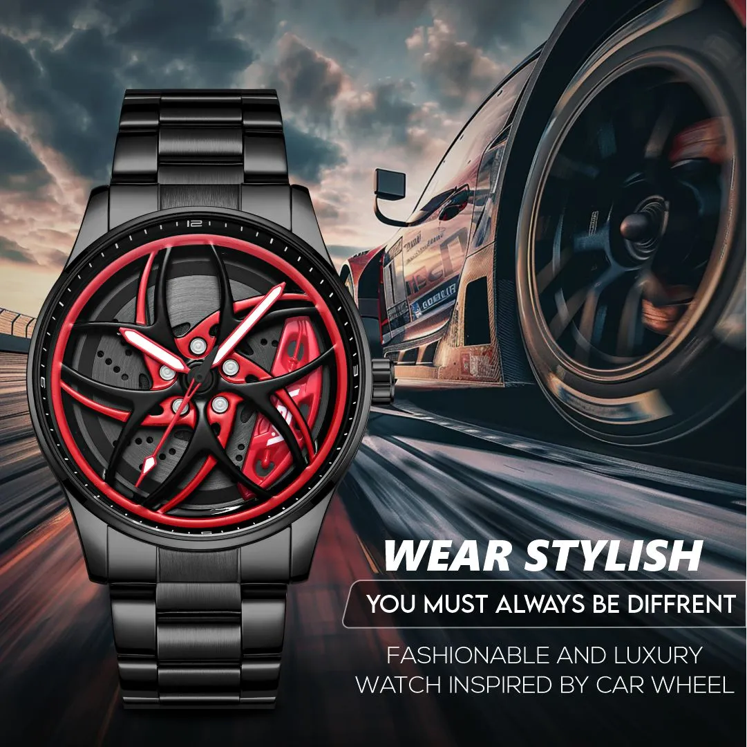 V2A Vortex-3 Series Rolling Wheel Men’s Analog Watch Open Dial Stainless Steel Watch – Car Wheel-Inspired Design, Hollow Out Elegance Casual Watch for Men | Gift for Men (Black-Red)