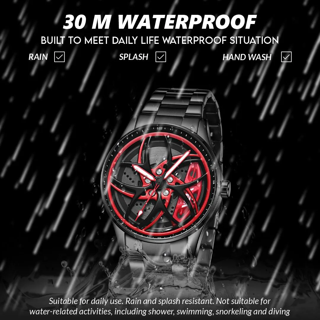 V2A Vortex-3 Series Rolling Wheel Men’s Analog Watch Open Dial Stainless Steel Watch – Car Wheel-Inspired Design, Hollow Out Elegance Casual Watch for Men | Gift for Men (Black-Red)