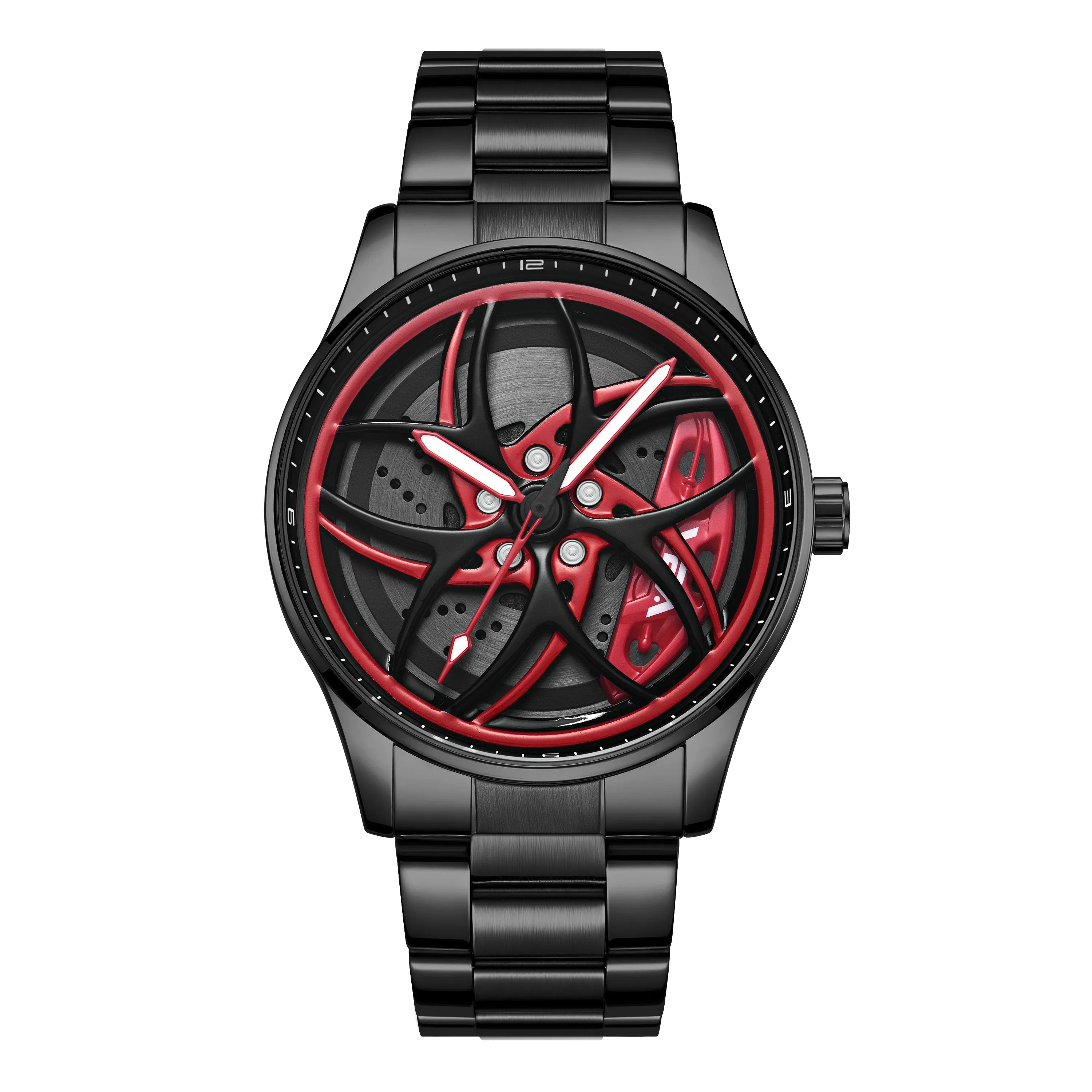 V2A Vortex-3 Series Rolling Wheel Men’s Analog Watch Open Dial Stainless Steel Watch – Car Wheel-Inspired Design, Hollow Out Elegance Casual Watch for Men | Gift for Men (Black-Red)