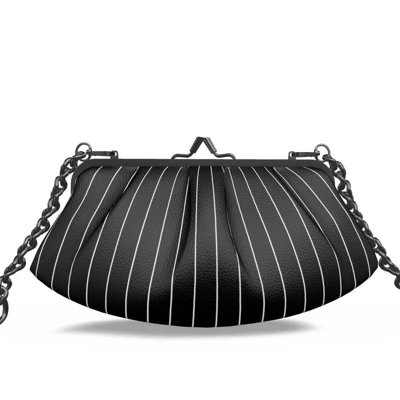 Vampire Art Grunge Victorian Patchwork Premium Nappa Leather Pleated Clutch Bag - Pinstripe Black