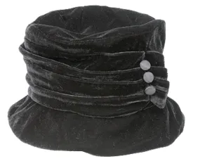 Velvet Cloche Hat with Button Details ~ Black