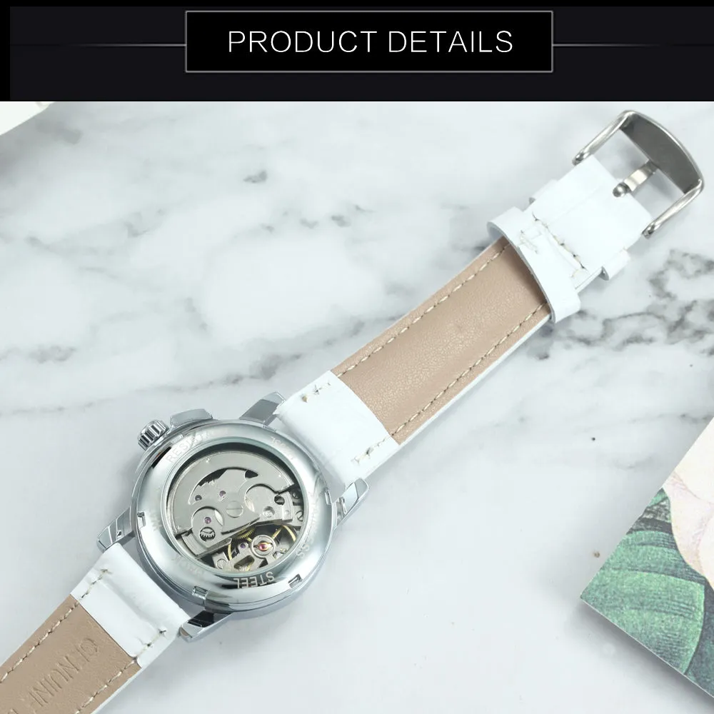 WINNER Classy Fashion Skeleton Automatic Mechanical Watch for Women H203L White Leather Strap