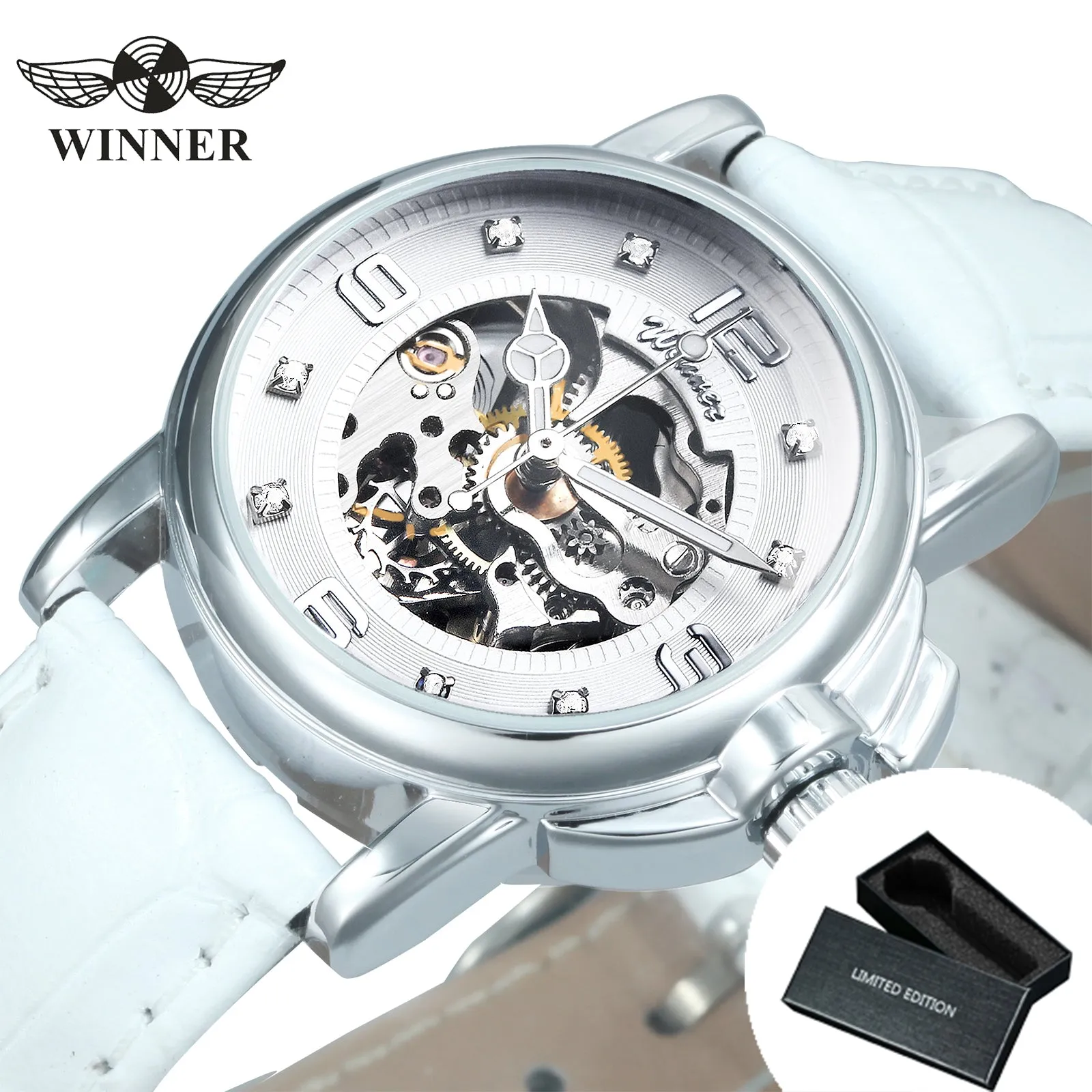 WINNER Classy Fashion Skeleton Automatic Mechanical Watch for Women H203L White Leather Strap