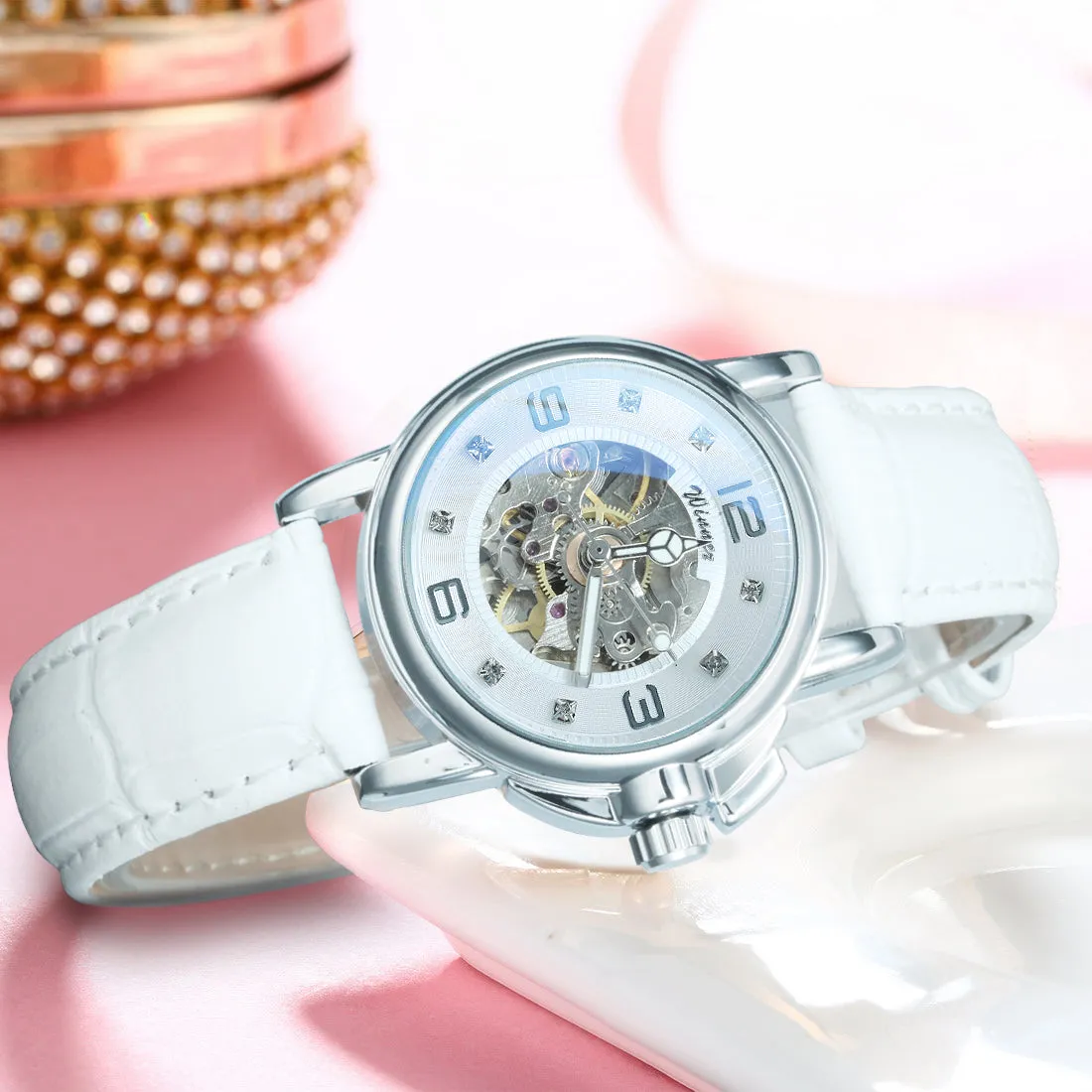 WINNER Classy Fashion Skeleton Automatic Mechanical Watch for Women H203L White Leather Strap