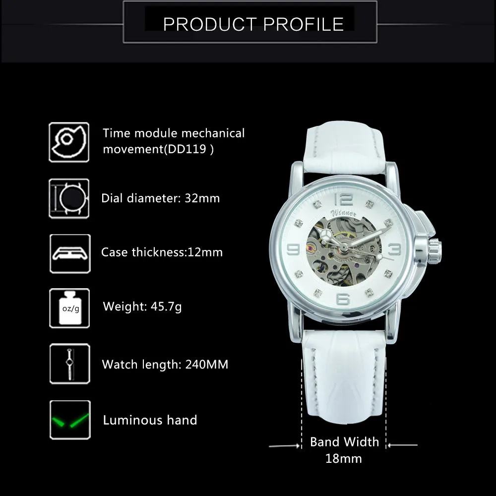 WINNER Classy Fashion Skeleton Automatic Mechanical Watch for Women H203L White Leather Strap