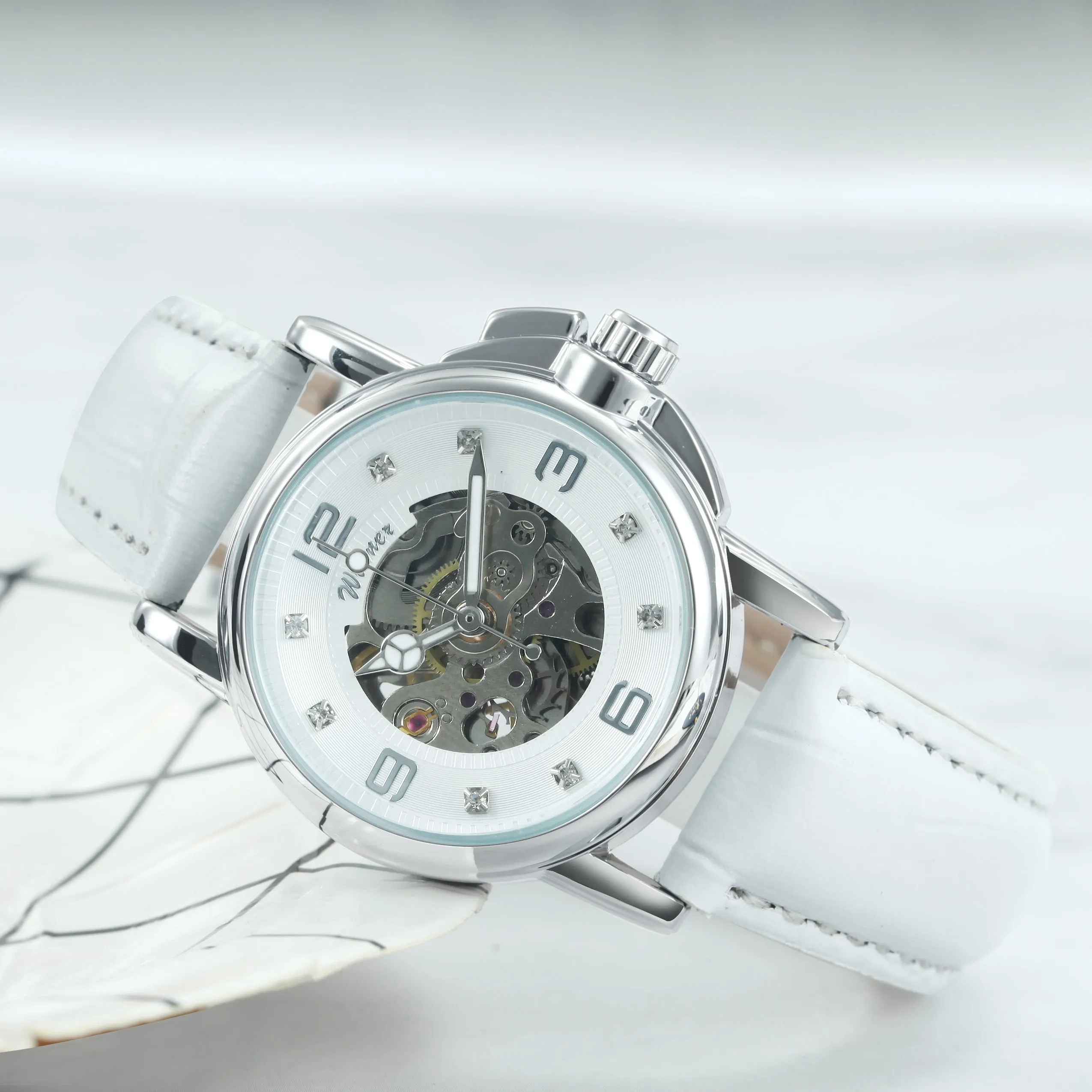 WINNER Classy Fashion Skeleton Automatic Mechanical Watch for Women H203L White Leather Strap