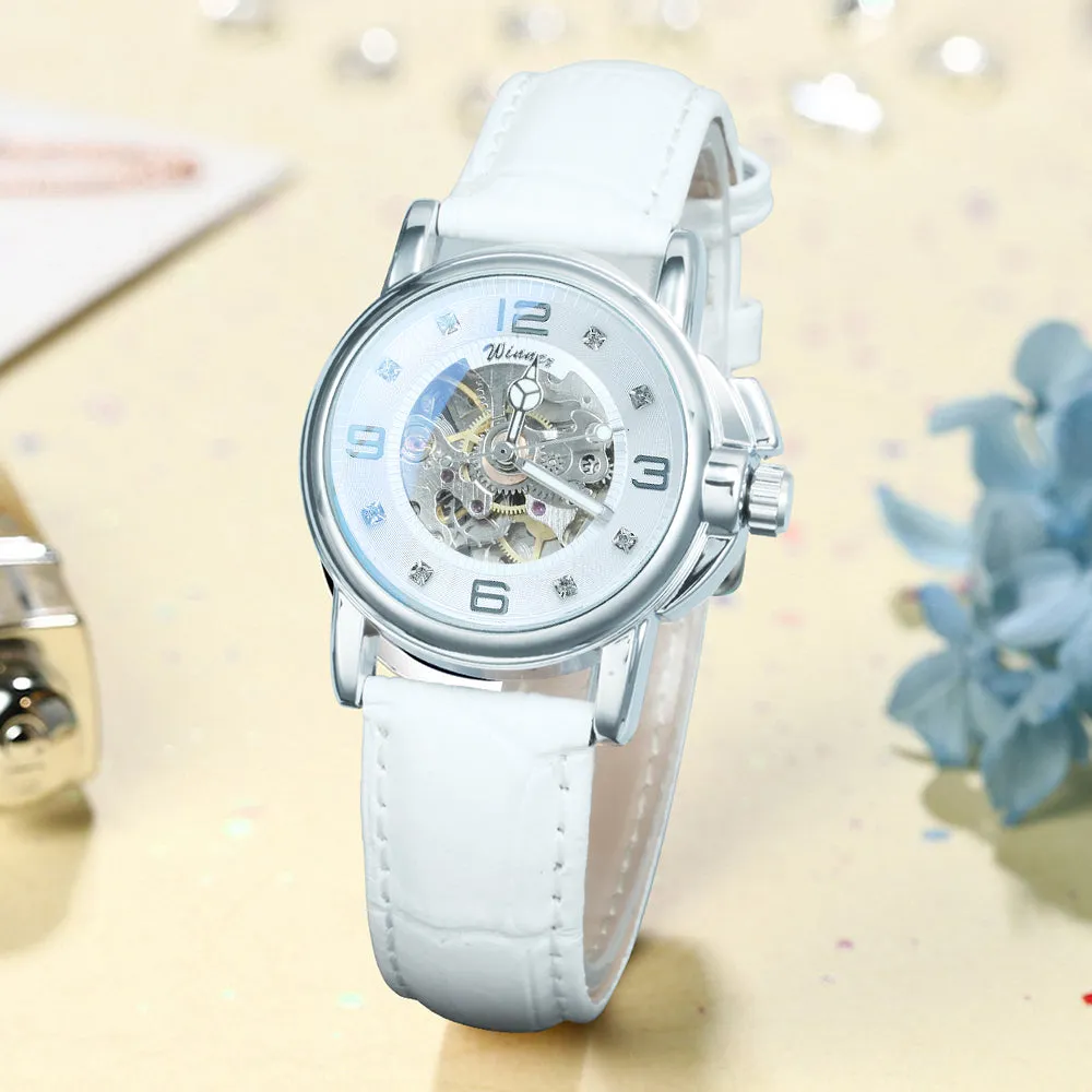 WINNER Classy Fashion Skeleton Automatic Mechanical Watch for Women H203L White Leather Strap