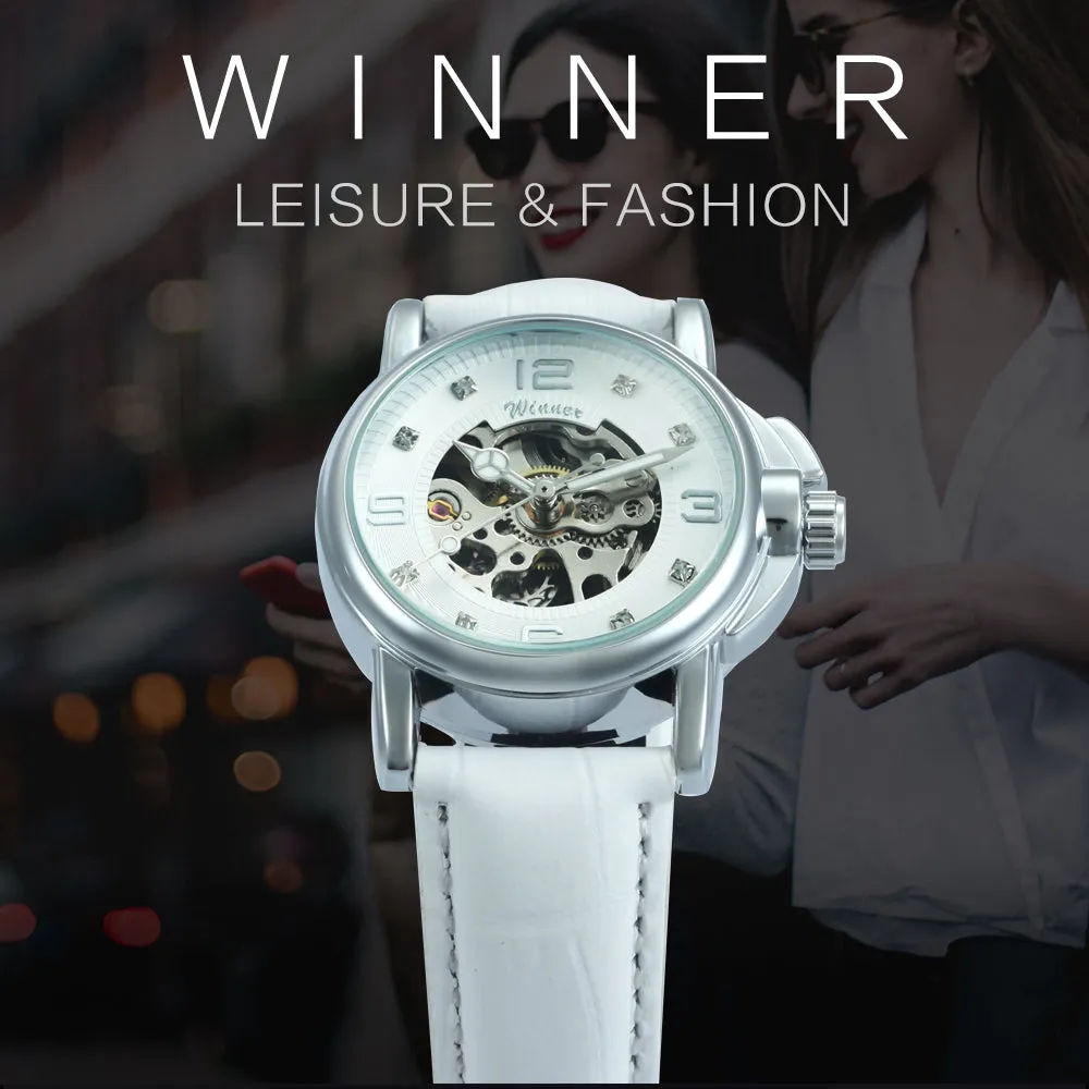 WINNER Classy Fashion Skeleton Automatic Mechanical Watch for Women H203L White Leather Strap