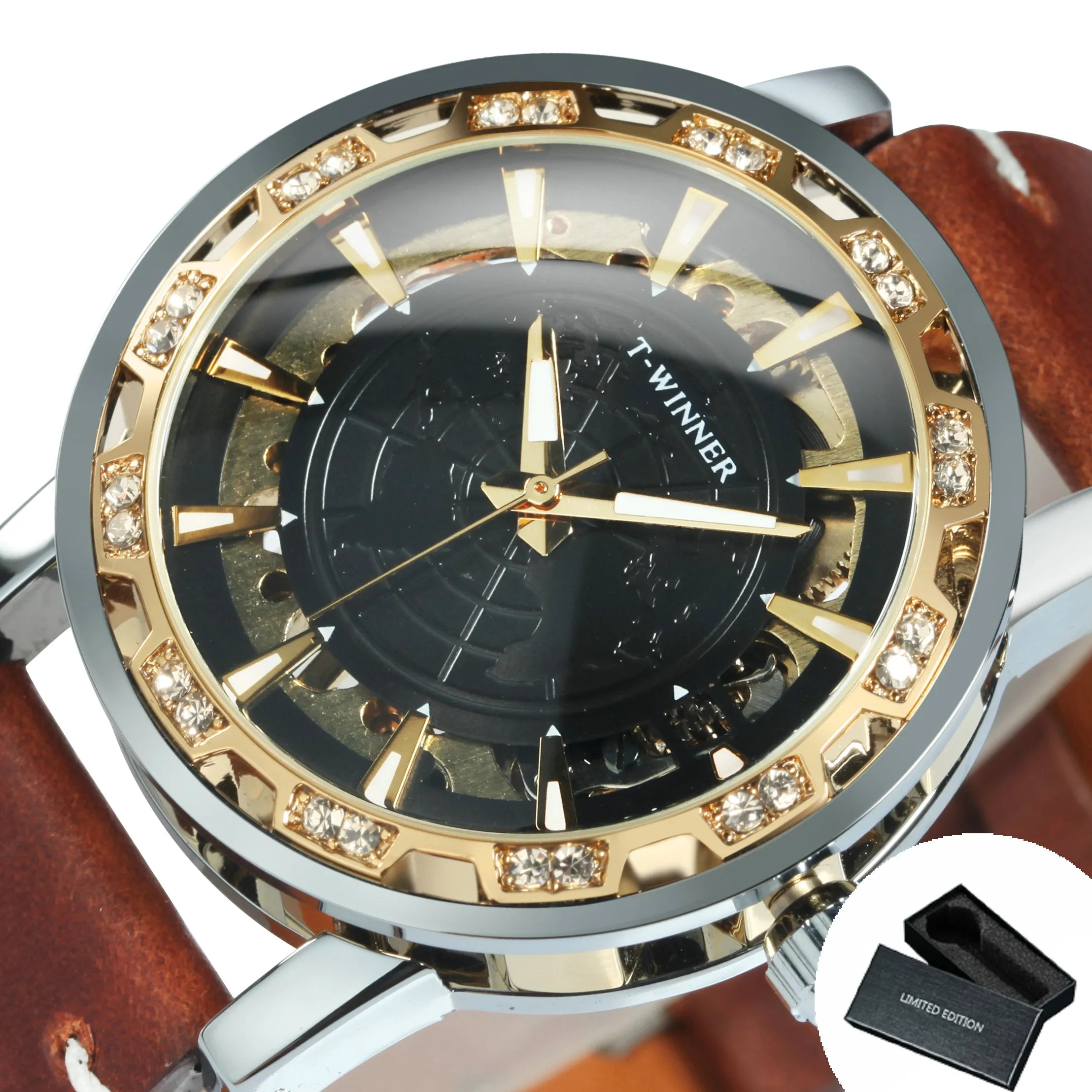 WINNER Luxury Iced Out Gold Mechanical Watches Brown Leather Strap Hand Wind Mens Watch 539