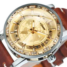 WINNER Luxury Iced Out Gold Mechanical Watches Brown Leather Strap Hand Wind Mens Watch 539