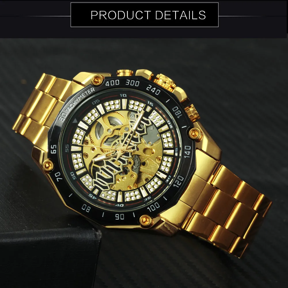 WINNER Military Gold Iced Out Skeleton Automatic Mechanical Watch for Men TM340