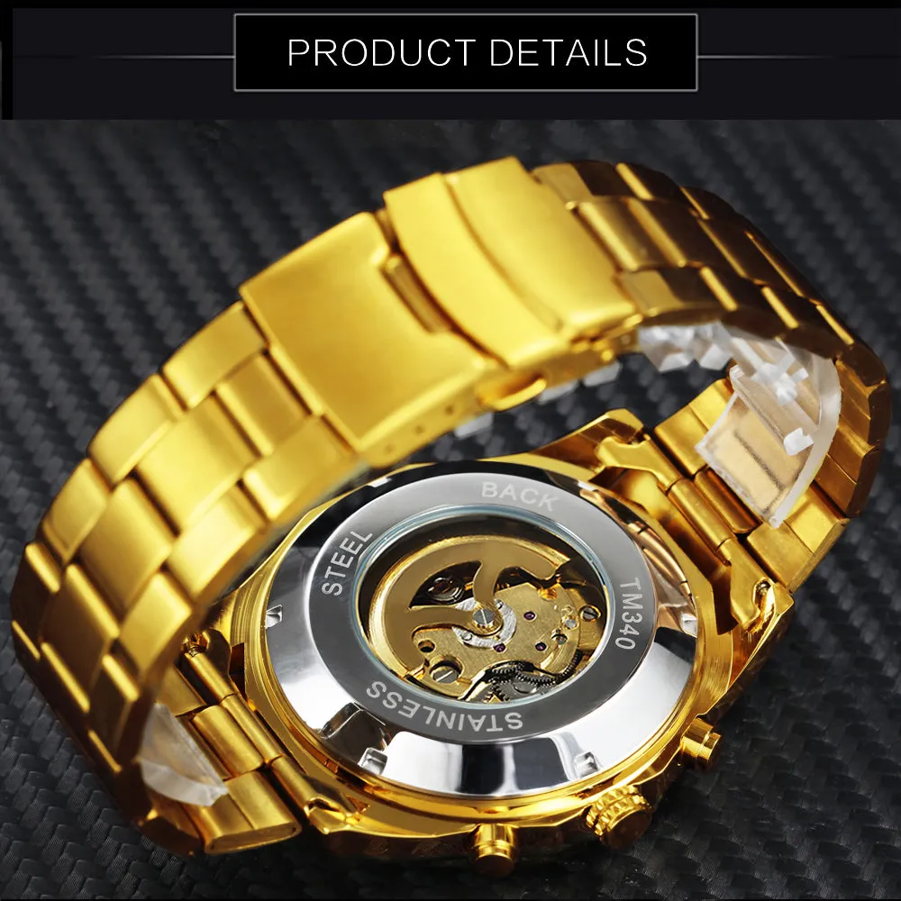 WINNER Military Gold Iced Out Skeleton Automatic Mechanical Watch for Men TM340