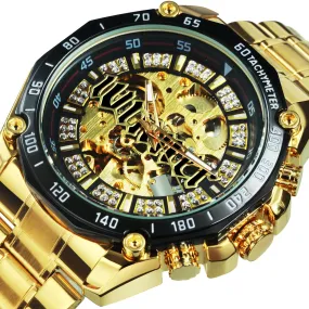 WINNER Military Gold Iced Out Skeleton Automatic Mechanical Watch for Men TM340