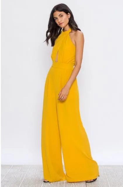 Yellow Peekaboo Halter Neckline Jumpsuit